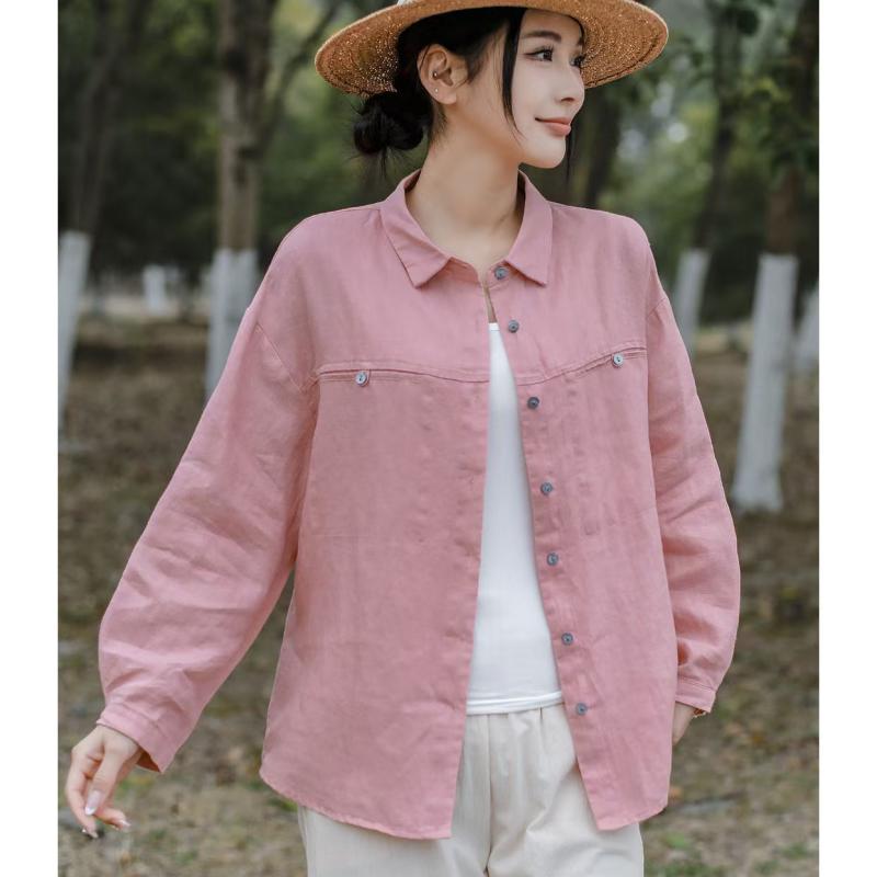 シャツ レディース 長袖 翻襟 亜麻 リネン ブラウス ピンク系 黒 白 グレー ゆったり 文芸風 切り替え トップス3