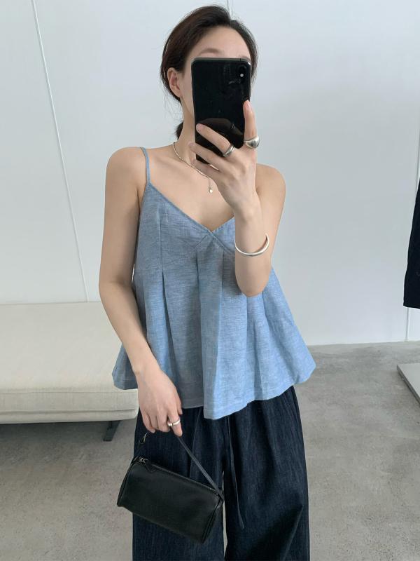 シャツ レディース 春夏 Vネック ノースリーブ Aライン 亜麻 リネン トップス 褶z&iacute; 皺 接触冷感 日韓風 かわいい 無地 紺色 白色 水色 薄ピンク3｜YKsakai