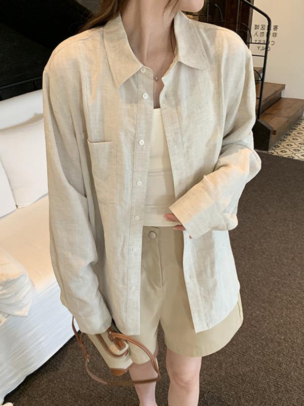 シャツ レディース 天 亜麻 リネン 混紡 長袖 ブラウス 接触冷感 冷感 日焼け止め ゆったり 襟付き トップス 韓国風 カジュアル オフィス3
