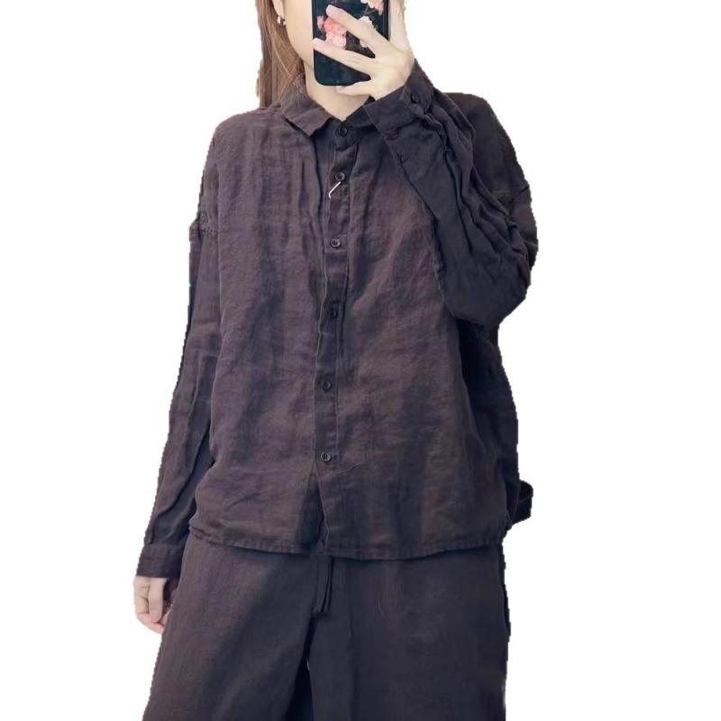 シャツ レディース リネン 長袖 翻襟 アースカラー 文芸風 レトロ ゆったり 亜麻 白色 黒色 橄欖緑 珈琲色 ワインレッド3
