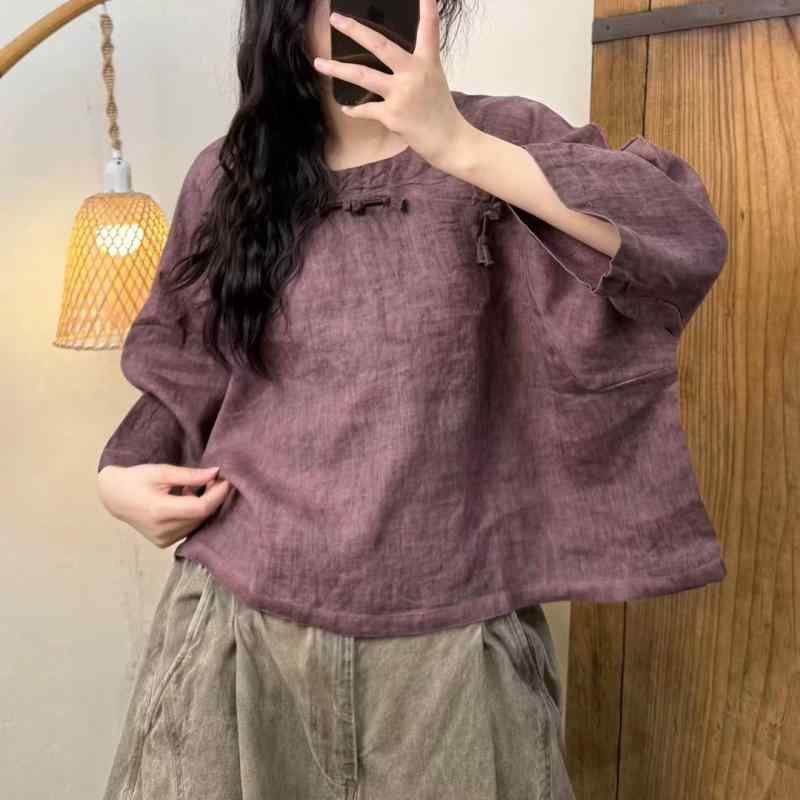シャツ レディース 春夏 リネン 7分袖 立襟 ブラウス プルオーバー 砂洗い加工 ゆったりサイズ 黒 桃色系3