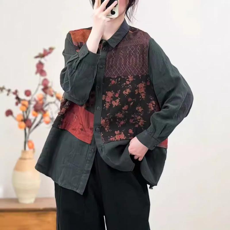 シャツ レディース 麻 リネン 切り替え 翻領 ブラウス カーディガン ゆったり 文芸風 レトロ 長袖 トップス3