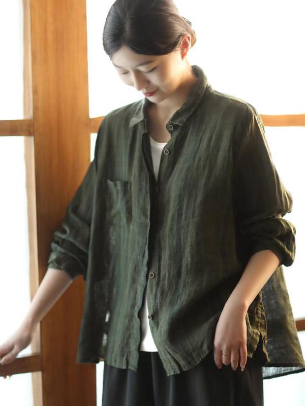 シャツ レディース 春物 復古風 砂洗い 色落ち 格子柄 リネン ブラウス 襟付き ゆったり 長袖 トップス 紫紅色 深林緑 深緑 リラックス カジュアル3