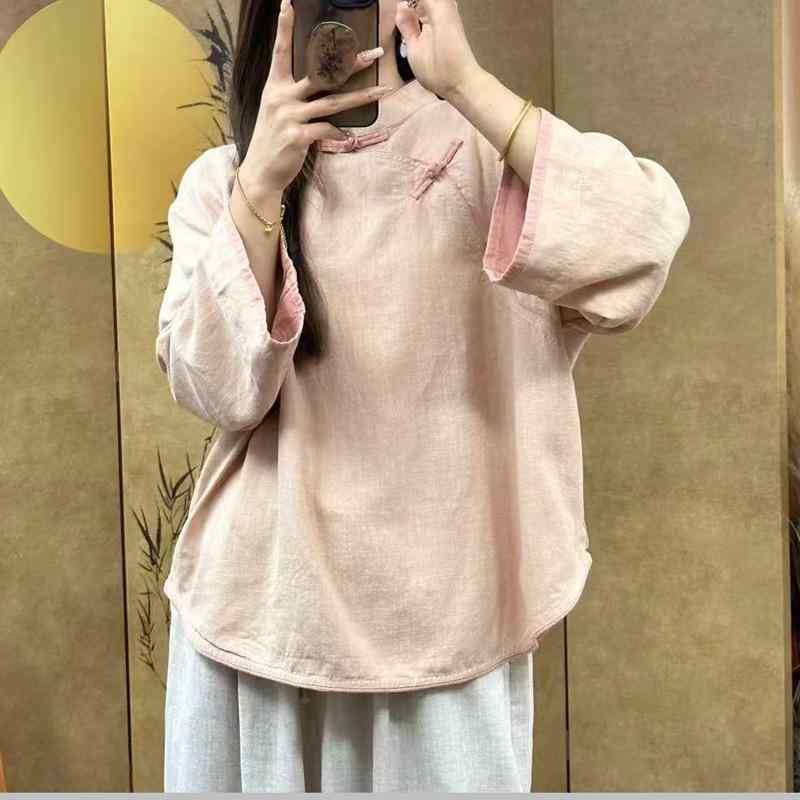 シャツ レディース 春夏 リネン 小衫 ブラウス チャイナ風 斜めボタン ゆったり 7分袖 トップス リラックス おしゃれ 中国風 レトロ3｜YKsakai
