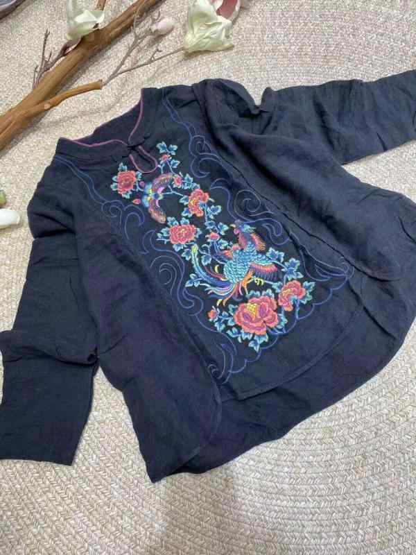 シャツ レディース リネン 麻 ブラウス 秋冬 トップス 長袖 立襟 刺繍 切り替え 文芸風 レトロ 砂洗 80% 90%3