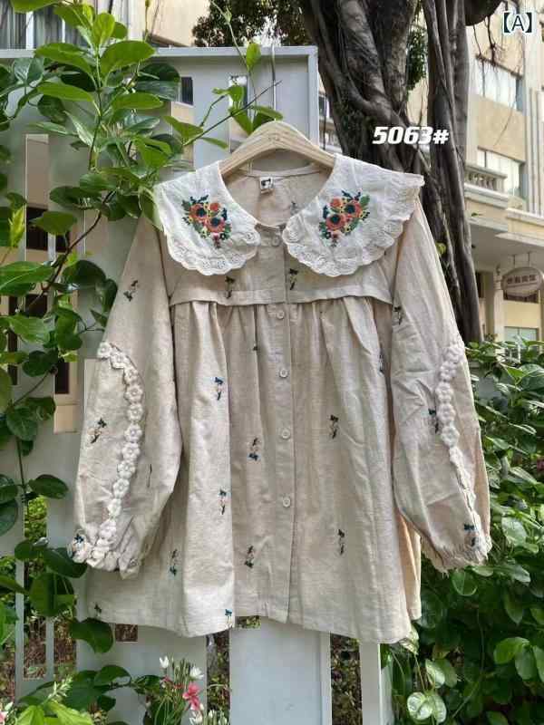 シャツ レディース 小柄 刺繍 娃娃襟 森ガール 甘め 杏麻色 莓粉色 ゆったり 綿麻混紡 トップス ブラウス カットソー3