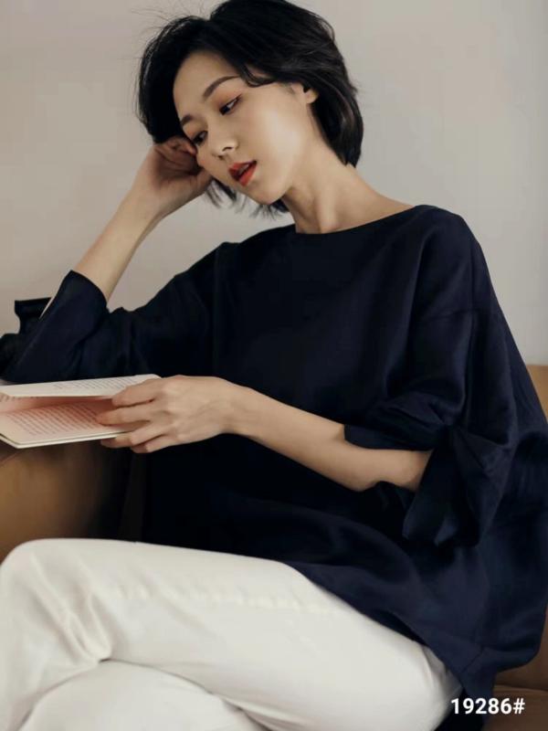 シャツ レディース 亜麻 リネン トップス ブラウス ラウンドネック 九分袖 ゆったり 体型カバー 着痩せ ホワイト ネイビー クリームピンク 通勤3