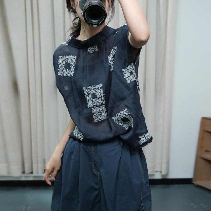 シャツ レディース 半袖 ポロ襟 刺繍 花柄 麻 リネン 接触冷感 ブルー 青色 涼しい 通気性 サマー トップス ブラウス3