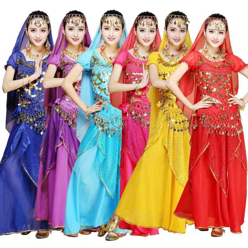 ダンス衣装 レディース 肚皮舞 belly dance セットアップ スカート 半袖 シフォン 練習着 レッスン着 赤 ピンク系 黄色 青 紫