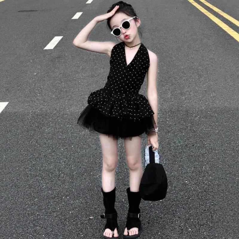 子供服 女の子 ドット柄 ノースリーブ トップス チュールスカート セットアップ 春夏 薄手 かわいい ガールズ キッズ ブラック 90 100 110 120 130 140