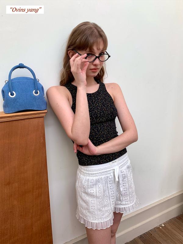 トップス レディース ノースリーブ 杏色 黒 フラワープリント 少女風 清新 接触冷感 タイト スリムフィット ポリエステル3