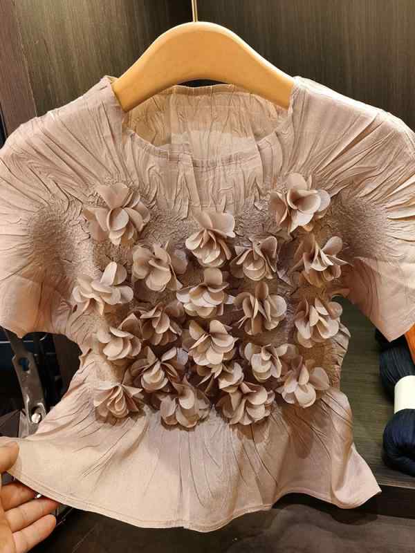 Tシャツ レディース 半袖 ラウンドネック スリム 3D 花柄 ピンク系 グリーン カーキ ブラック かわいい 清新 春夏