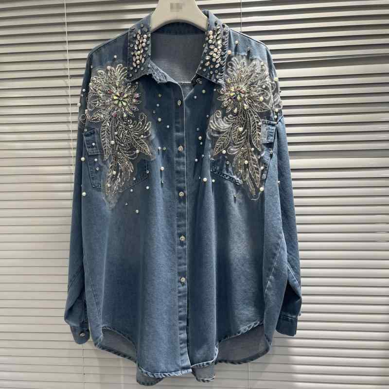 シャツ レディース デニムシャツ 長袖 ゆったり ビーズ ワークシャツ ブラウス ダンガリーシャツ ブルー M L 文芸 レトロ 個性 ストリート