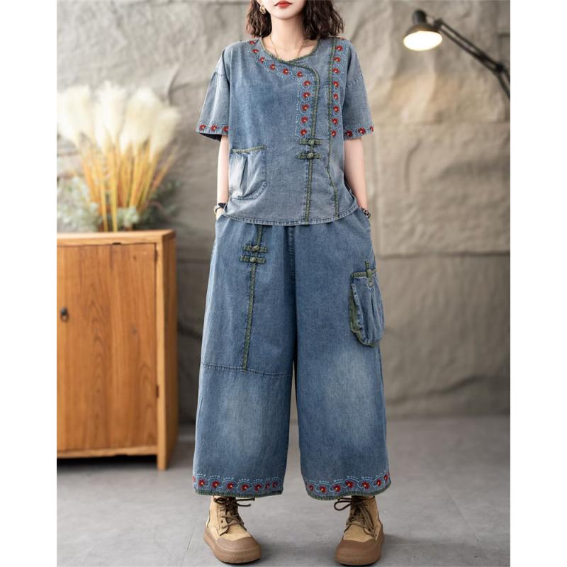 Tシャツ レディース デニム 半袖 刺繍 チャイナボタン トップス ワイドレッグパンツ 2点セット 文芸 レトロ風 ゆったり 普段使い3｜YKsakai
