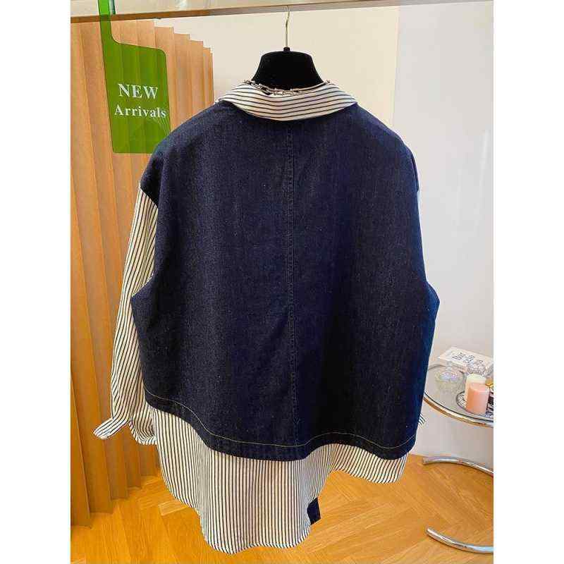 シャツ レディース デニム 切り替え ストライプ 長袖 襟付き トップス ブルー M L XL 2XL ゆったり 气? 通勤風3