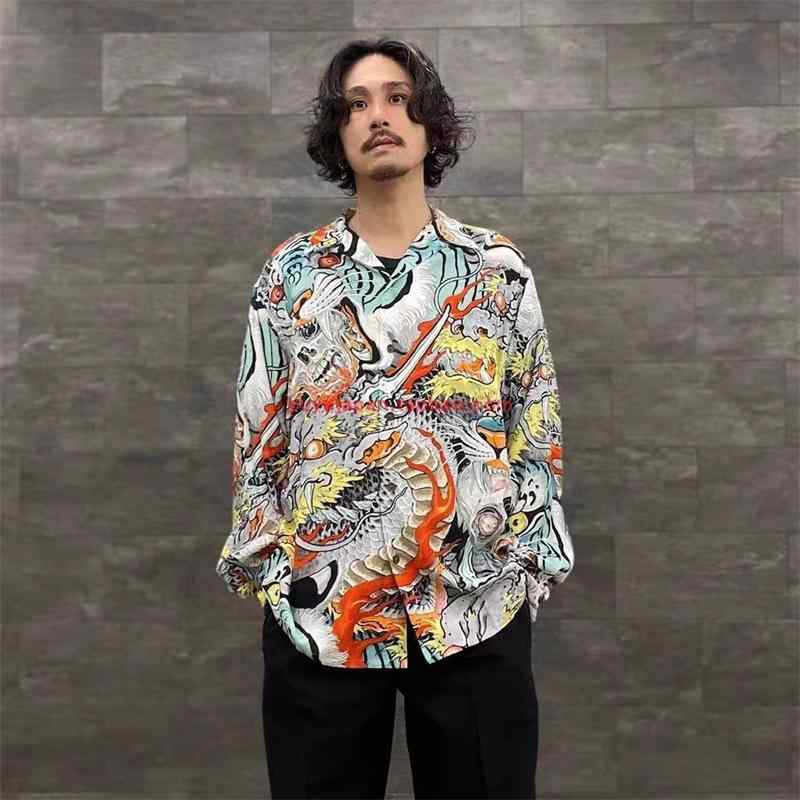 シャツ 男性用 トップス 和柄 アロハシャツ 長袖 タイガー 虎柄 スカル ドクロ 薄手 再生繊維 通気性 カキ色3