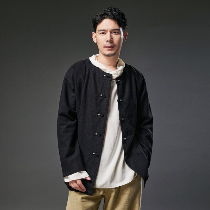 シャツ 男性用 麻 リネン 長袖シャツ カーディガン チャイナボタン 立襟 黒 ブラック グレー 紺 ネイビー 秋 普段使い