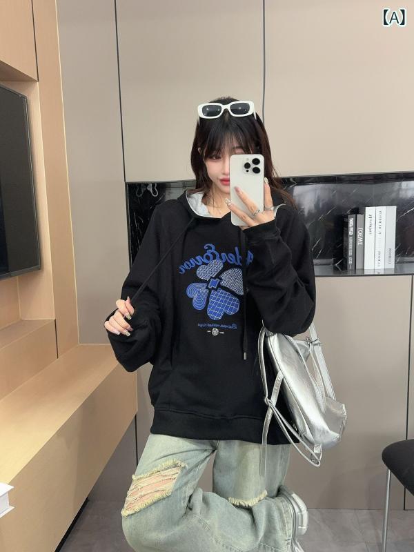 パーカー レディース 韓国 ゆったり スウェット トレーナー プルオーバー 秋冬 長袖 綿 幾何学模様 黒 ブラック グレー