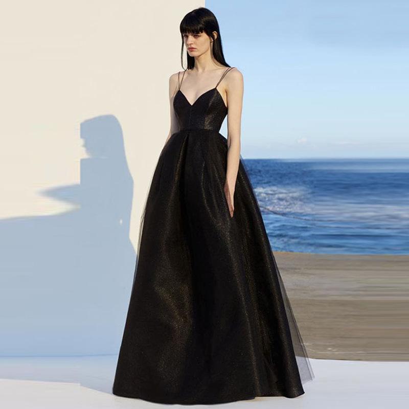 ワンピース レディース 黒 吊りスカート イブニングドレス パーティードレス ロング丈 チュール Aライン フレア 結婚式 二次会 演奏会 発表会 ホステス キャバ嬢