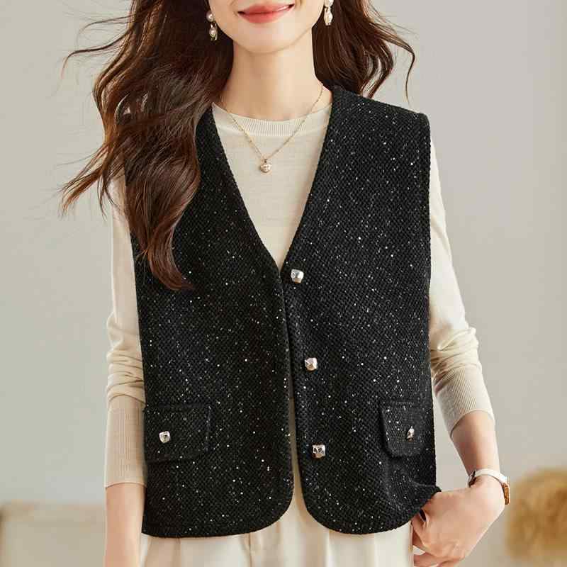 ベスト レディース 春秋 ニットベスト ショート丈 女性用 黒色 ノースリーブ トップス Vネック ウール Aライン 私服 名媛 スタイル