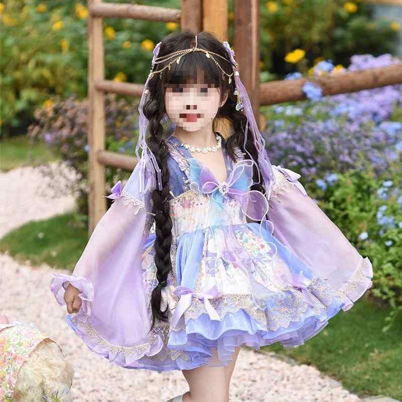 ワンピース ガールズ ロリータ 春秋 子供用 ロリータ Aライン チュールスカート パープル バタフライ リボン 新生児 吊りスカート ベビードレス