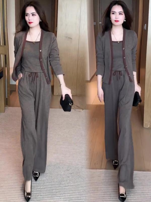 セットアップ レディース きれいめ カーディガン キャミソール ワイドパンツ 3点セット ポリエステル 通勤服 普段使い 薄手 おしゃれ