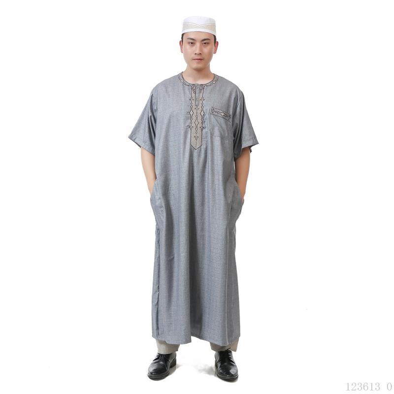 民族衣装 男性用 アラビアン ローブ コットン リネン 半袖 礼拝服 グレー カーキ ネイビー ベージュ アフリカ 中東 エスニック
