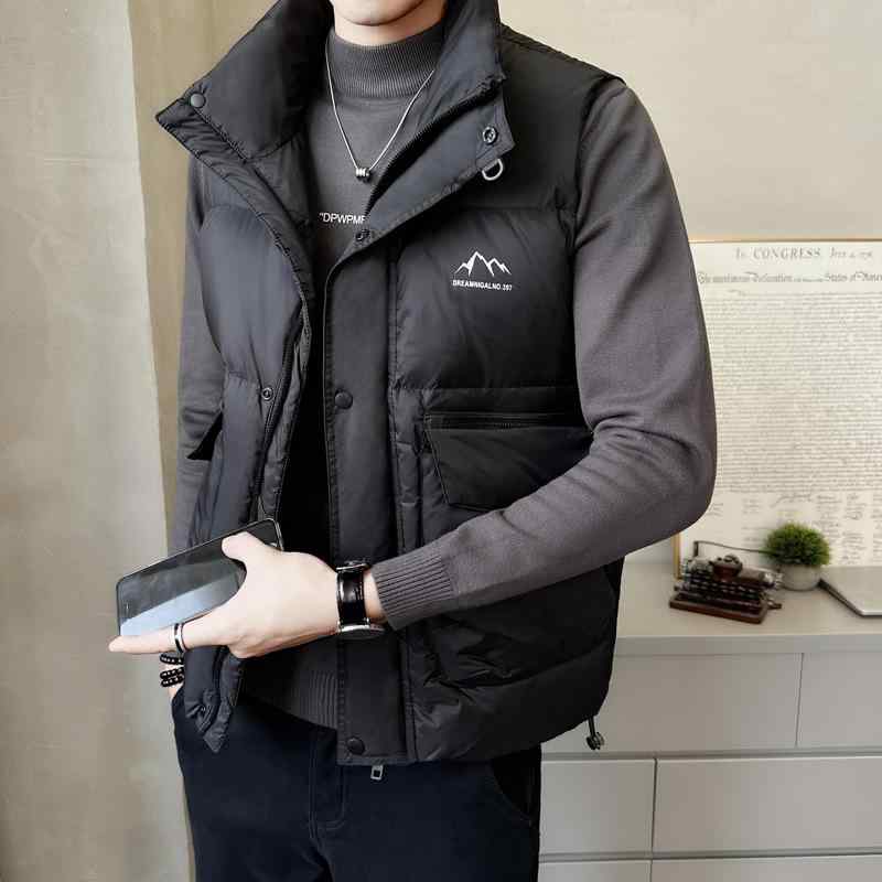 ダウンベスト 男性用 ライトアウター 防寒着 チョッキ ショート丈 コーデュロイ 無地 黒 ブラック グレー