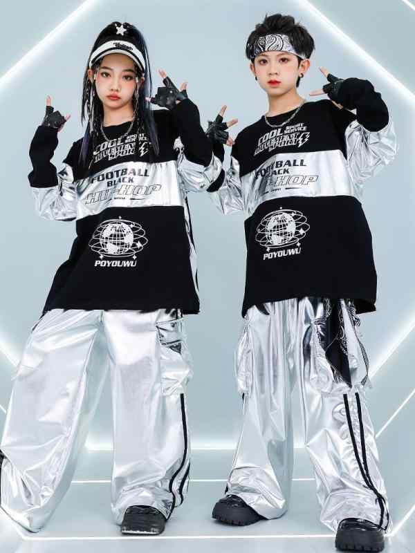 ダンス衣装 キッズ 子供 男女兼用 ヒップホップ ダンスウェア セットアップ シルバー 黒 春秋 長袖 長ズボン 舞台 発表会 イベント 110cm 120cm 130cm 140cm 150cm 160cm 170cm 180cm