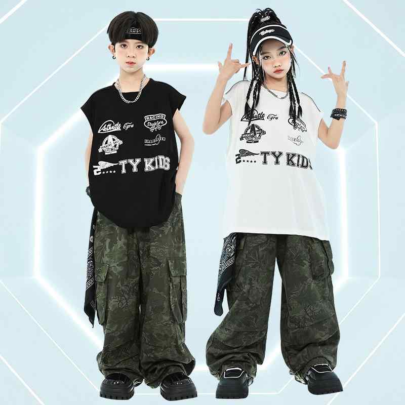 ダンス衣装 キッズ 男の子 ストリートダンス HIPHOP セットアップ 子供 ジャズダンス 練習着 迷彩パンツ 黒 ブラック ベージュ ハット付き