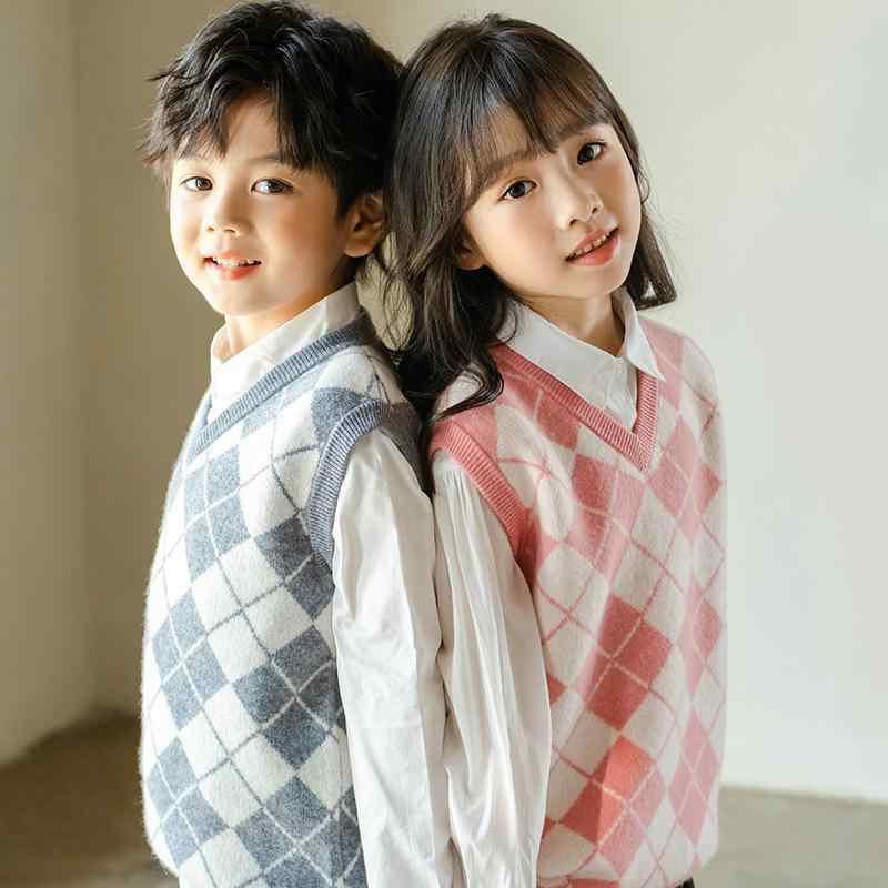 子供服 ベスト 秋冬 ニットベスト ウール100% Vネック 中厚手 男の子 女の子 キッズ チョッキ 防寒 普段着 ミディアムグレー ピンク系 サックスブルー