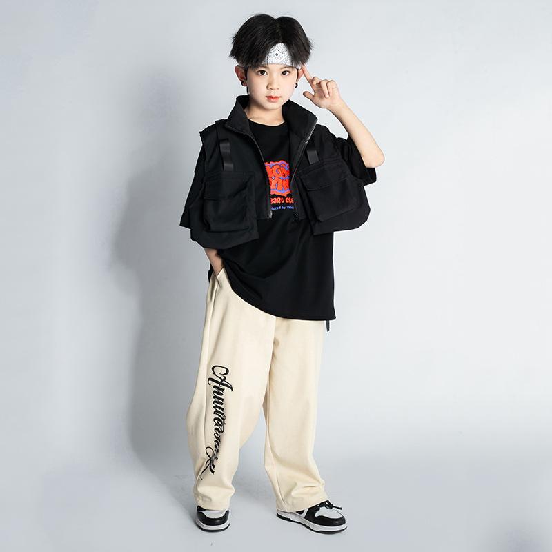 子供用 ダンス衣装 半袖トップス ニットパンツ 上下セット ストリート ダンスウェア 男の子 女の子 練習着 普段着 白 黒 ベージュ 110 120 130 140 150 160 170 180