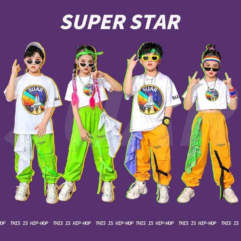 ダンス衣装 子供用 ヒップホップ セットアップ ガールズ ボーイズ チアダンス ズボン 韓国風 キッズ ダンス 衣装 トップス へそ出し 練習着 演出服 ジャズダンス hiphop ストリート 原宿系 普段着 レッスン着 ブラック ホワイト イエロー グ