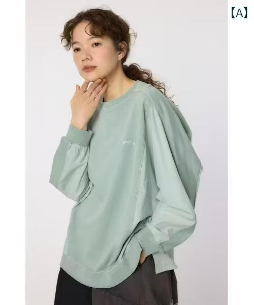 Tシャツ レディース 刺・墸 アルファベット 切り替え 配色 長袖 丸首 トップス ゆったり 綿 日韓 カジュアル 灰緑 橘赤 グレー 米白3