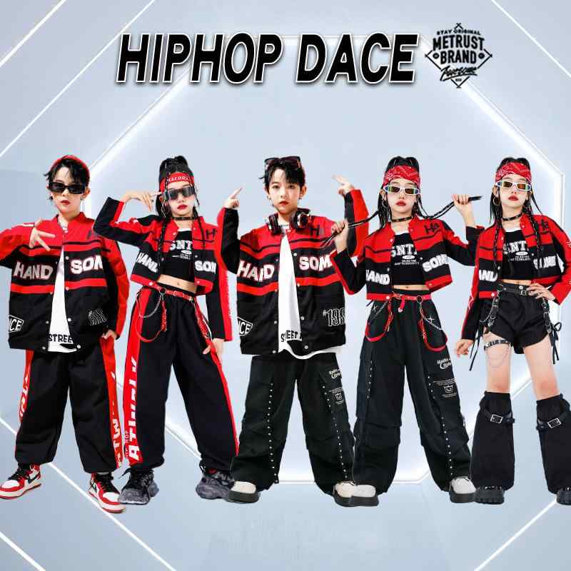 ダンス衣装 キッズ 子供服 ヒップホップ セットアップ 赤色 ストリート ダンス バイク ジャケット パンツ ズボン スポーティー 男の子 女の子 ジュニア 舞台 発表会 演出服
