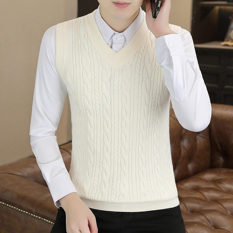 ニット ベスト 男性用 Vネック スリムフィット インナー レイヤードスタイル 無地