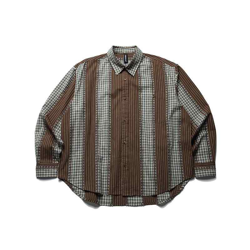 シャツ 男性用 長袖 日式 ?古 切り替え ストライプ柄 コットン100% カーキ色 翻? トップス ポケット