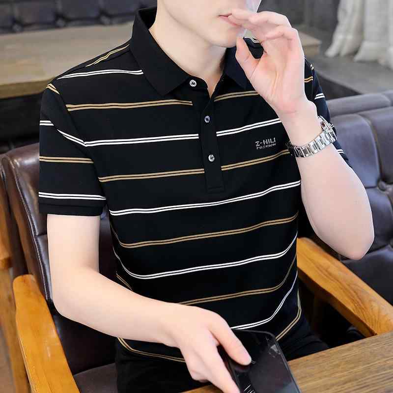 Tシャツ メンズ 男性用 紳士 ビジネス ストライプ柄 トップス 襟付き 半袖 コットン 接触冷感 吸湿速乾 薄手 ブラック ホワイト ブルー ピンク系
