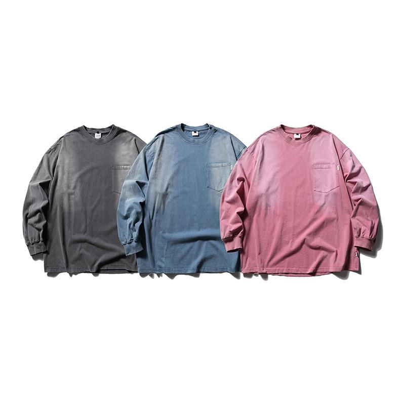 Tシャツ 男性用 長袖 ウォッシュ加工 無地 コットン トップス カットソー カジュアル 普段使い ルーズ ドロップショルダー 水色 グレー 赤