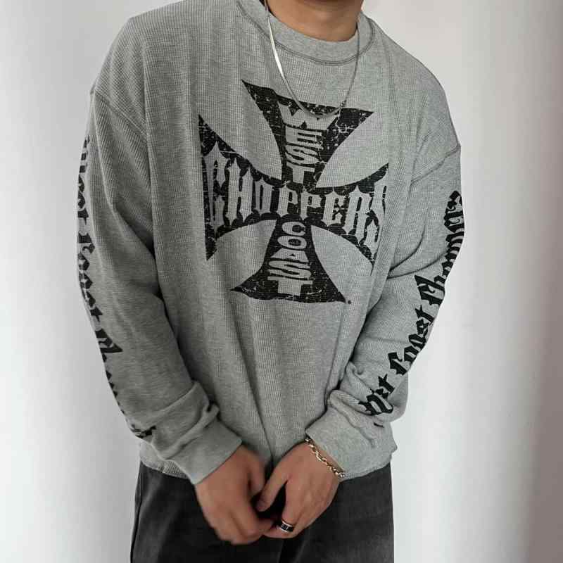 Tシャツ 男性用 トップス West Coast Choppers Vintage 梵字 ワッフル 長袖 高街スタイル コットン プリント カットソー 普段使い リラックスウェア