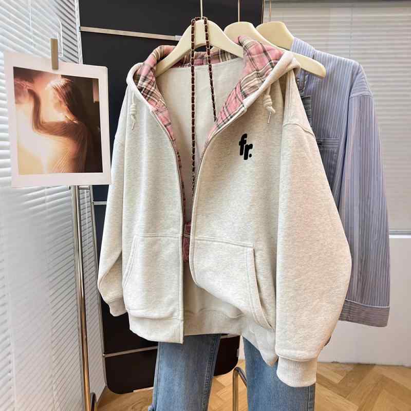 パーカー レディース 春秋冬 配色 格子柄 ジップアップ フーディ ゆったり かわいい 白 グレー 長袖 トップス スエット3