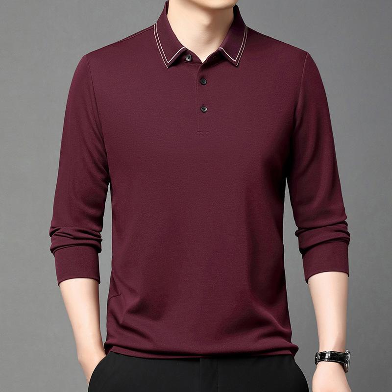 ポロシャツ メンズ 男性用 ウール混紡 長袖 Tシャツ ビジネスカジュアル トップス カットソー 紳士 春秋 薄手 吸湿速乾 無地 雨林緑 紫紅 深灰 上青3