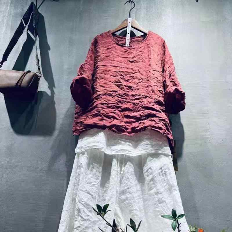 Tシャツ レディース 春夏 ラウンドネック プルオーバー ゆったり ?麻 リネン トップス カットソー 長袖 無地 薄手 レトロ 文芸風 リラックス 普段使い3