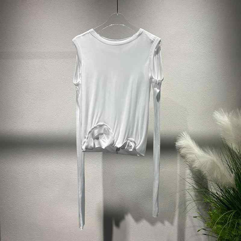 Tシャツ レディース トップス 春夏 長袖 ラウンドネック 切り替え カットソー 綿混紡 スリム ホワイト 通勤3