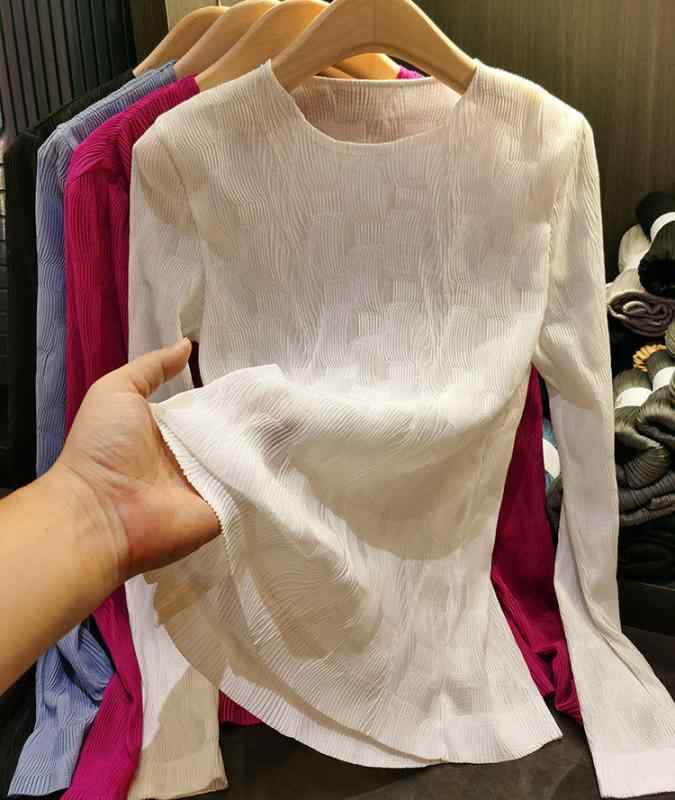 Tシャツ レディース きれいめ ラウンドネック 長袖 トップス 無地 プリーツ 伸縮性 ポリエステル 通勤 オフィス カジュアル 米白 桃色 青 黒3｜YKsakai