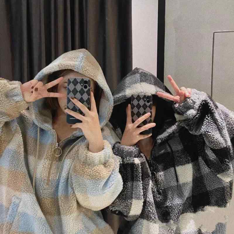 パーカー レディース 格子柄 羊羔毛 プルオーバー 厚手 アウター 黒白 モノトーン ゆったり 防寒 秋冬
