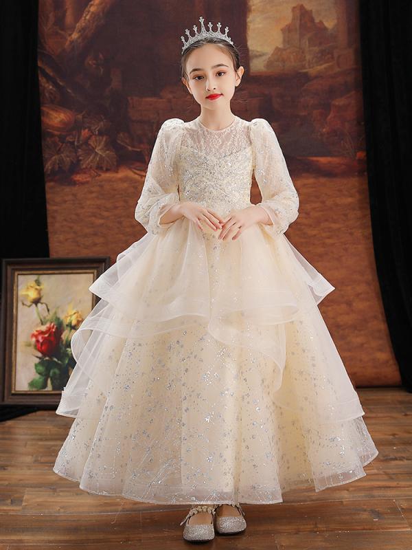 子供用 フォーマルドレス プリンセスドレス 花童 ガールズ ピアノ 発表会 ロングスリーブ ワンピース 秋冬 結婚式 パーティー かわいい チュール ポリエステル