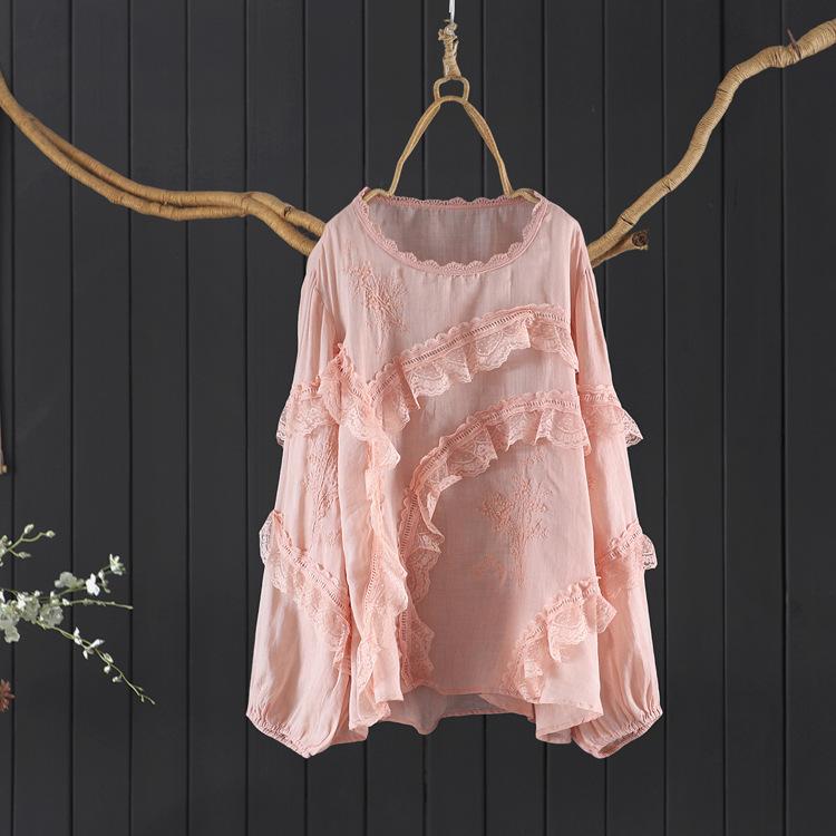 Tシャツ レディース 麻 リネン 長袖 ラウンドネック チュニック ブラウス 花柄 刺繍 レース 切り替え 薄手 涼しい ゆったり 快適 トップス 春夏 文芸風 白 緑 ピンク系3