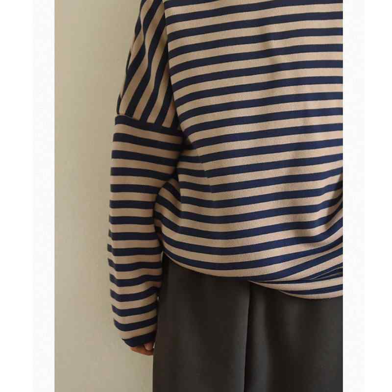 Tシャツ レディース 秋冬 裏起毛 ストライプ 長袖 チュニック カットソー 部屋着 ルームウェア ゆったり ラウンドネック カジュアル
