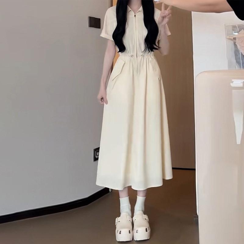 ワンピース レディース 春夏 高腰 Aライン 膝下丈 POLOネック 半袖 TR面料 無地 A字スカート ロングワンピース ブラック 黒 杏色 ゆったり きれいめ 上品 おしゃれ フェミニン 韓国ファッション3